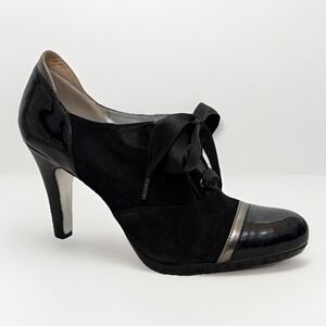 Max Studio Reggie Heels 7 Black Patent Leather Lace Up Pumps Satin Bow Coquette